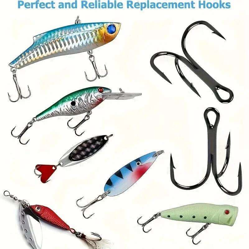 50pcs/box Black Nickel Super Sharp Treble Fishing Hooks Carbon Steel for Hard Round Bent Triple Artificial Lure Fishhooks S260305