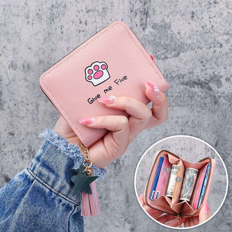 New Women's Fashion Short Casual Student Coin Purse Cute Cartoon Cat Paw Print Tassel Zipper Card Case Designer Wallet C260304