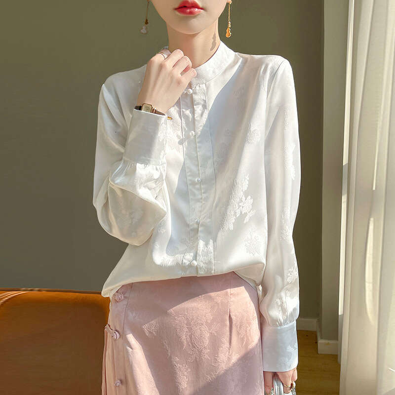 Mardi Hefxessdr Women's Long Sleeve Loose Fit Stand Collar Elegant All-Match Satin Fabric Imitation Chinese style shirt women's clothing