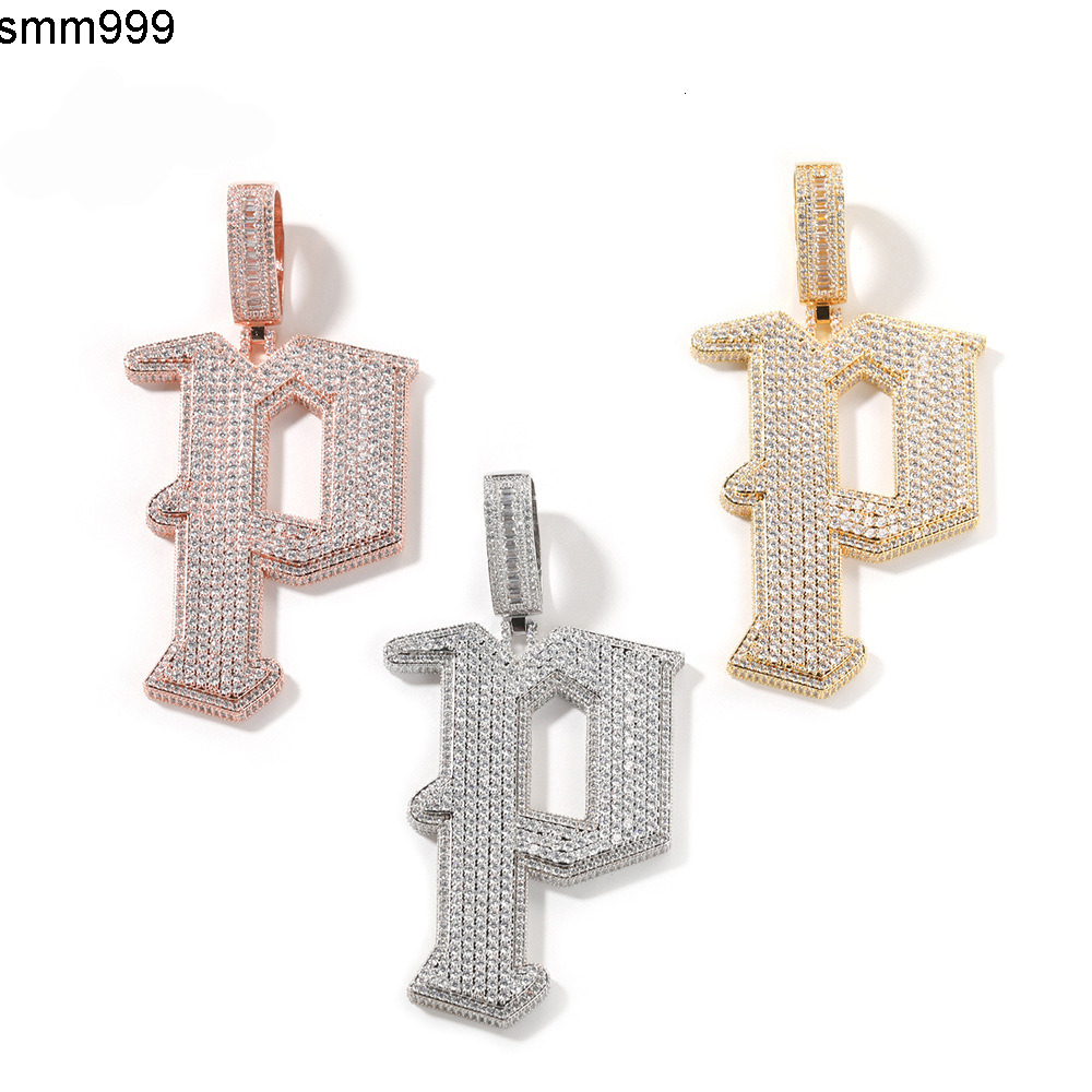 New Trendy European American Style Brass Inlaid with Zircon 10cm Large Letter P Pendant Hip-hop Style 18K Gold Plated Necklace