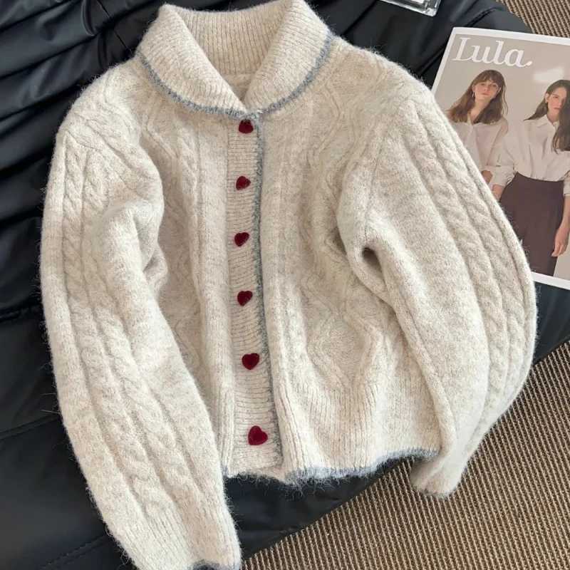Autumn Winter Womens Long Sleeve Peter Pan Collar Knitted Cardigan Fashion Sweet Women Loose Vintage Cute Jackets Heart Buttons M260306