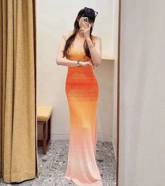 2026 Summer New French Elegant Style Gradient Striped Long Knitted Vest Dress