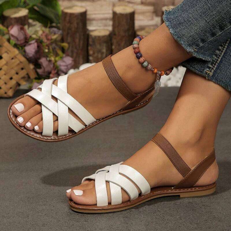 Women's Beach Glamour Sandals Elastic ankle strap Casual bohemian crossover lace-up simple holiday summer soft-soled sandals