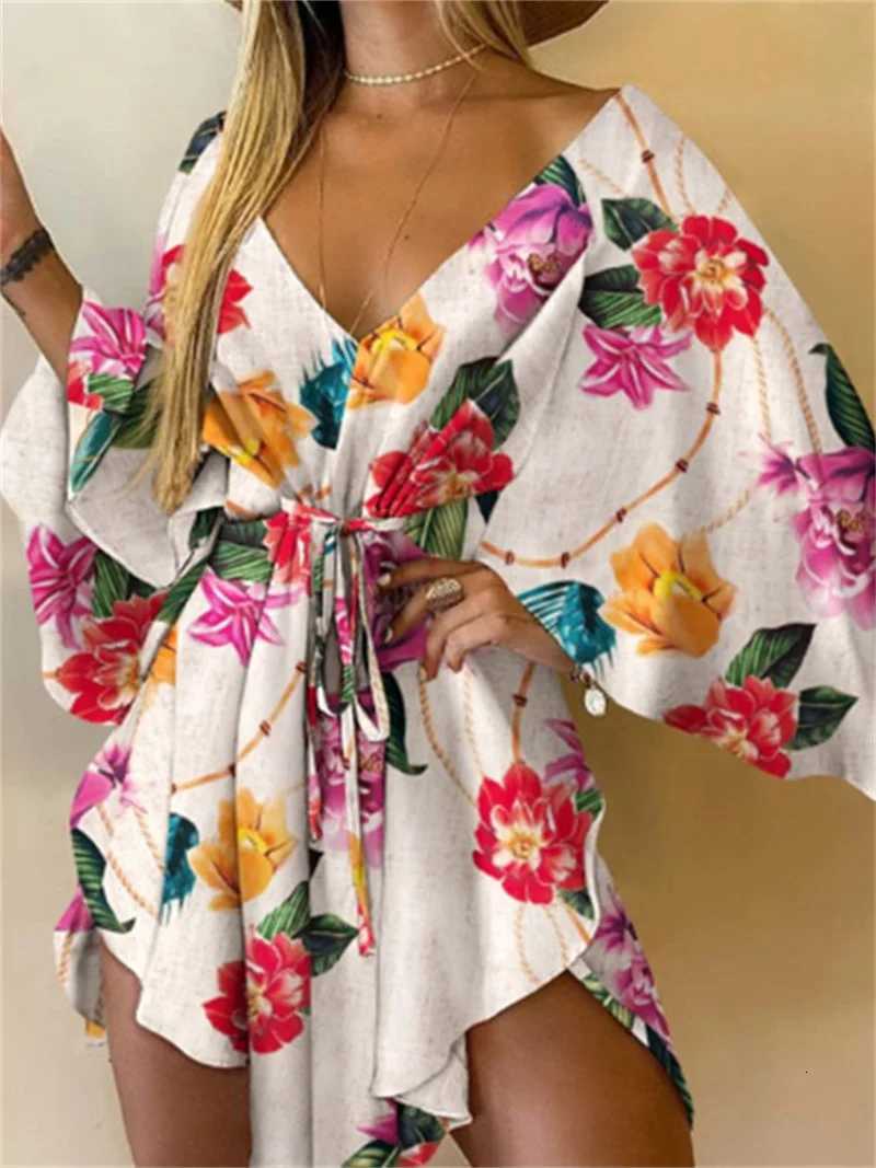 Women Print Dress Sexy V-Neck Bat Sleeve Ruffl Flowers Print Bohemian Beach Sundress Ladies Loose Summer Vacation Mini Dresses X260306