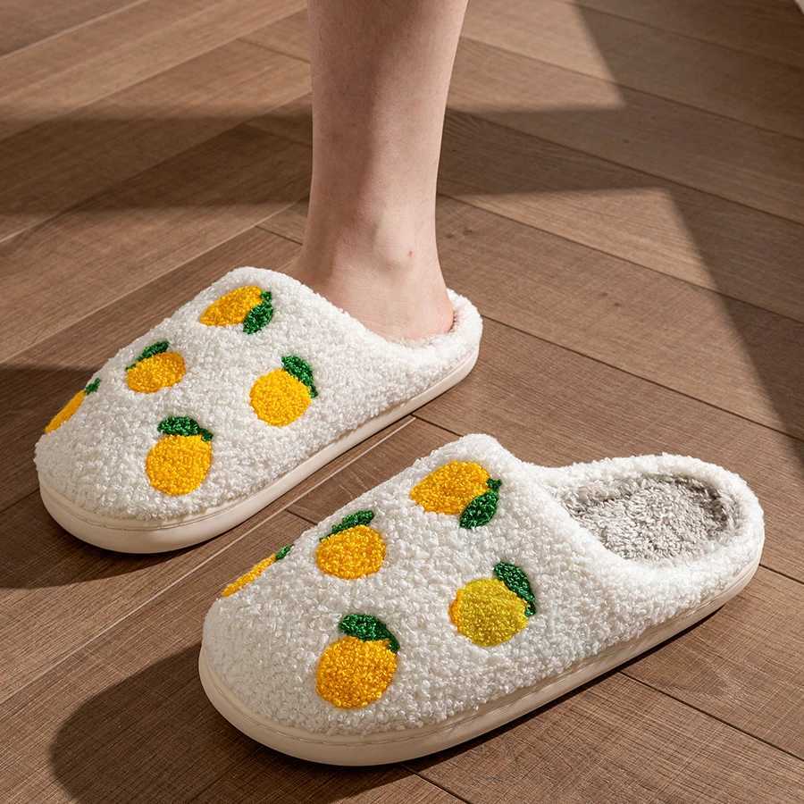 Lemon Embroidered Pattern Leisure Cute Home Womens Slippers Simple Winter Indoor Soft Sole Warm Bedroom Plush Shoes Comfy Fruit S260305