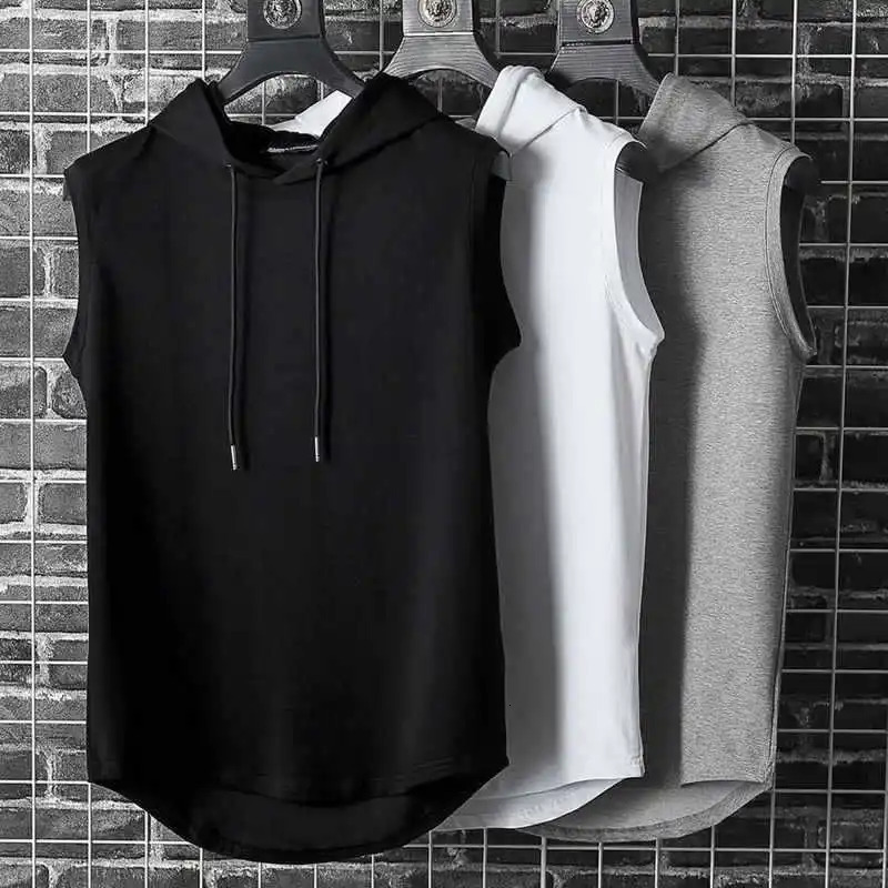Men Tie Collar Hooded Sleeveless Vests Male Summer Loose Solid Hip Hop Tee Shirt Tops AYH-01 260306