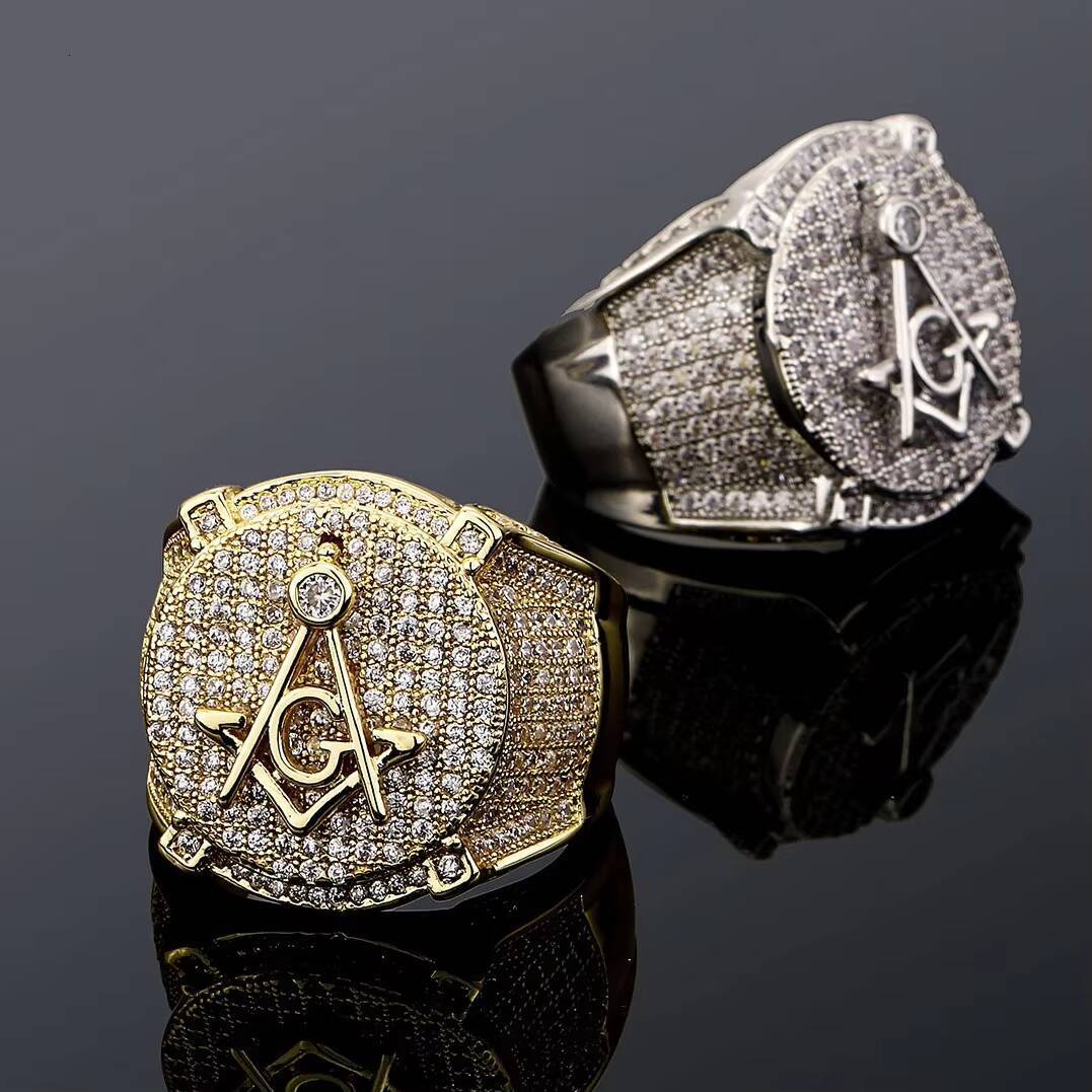 Retro AG Masonic Letter Ring brass ring with 5A zircon stones Gold Plated Natural Stone Personality Hip Hop
