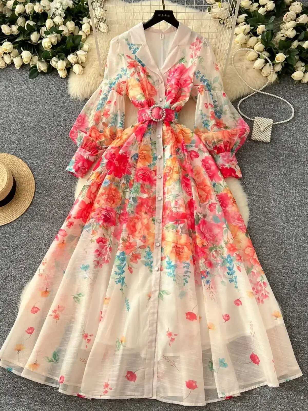 Floral Maxi Dress Women Summer Holiday Long Dresses Shirt 2025 Spring Full Sleeve Single Breasted Pearls Party Vestidos X260306