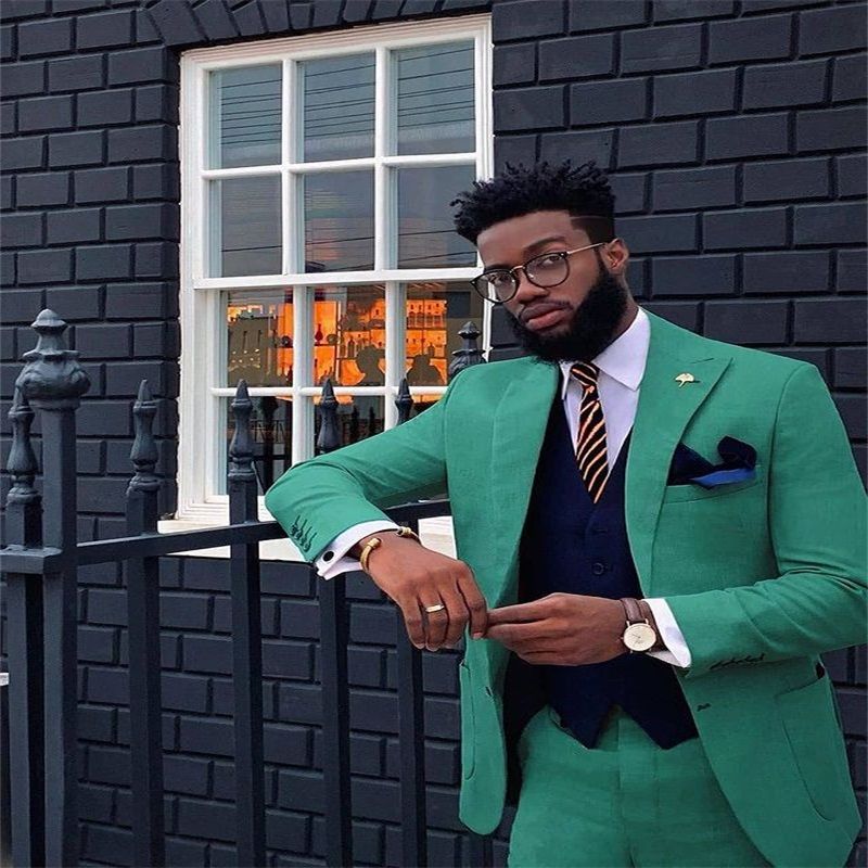 2 Pieces Green Suits Cotton Groom Tuxedos Lapel Modern Formal Men Coat+Pant Custom Made Party Suit Cheap