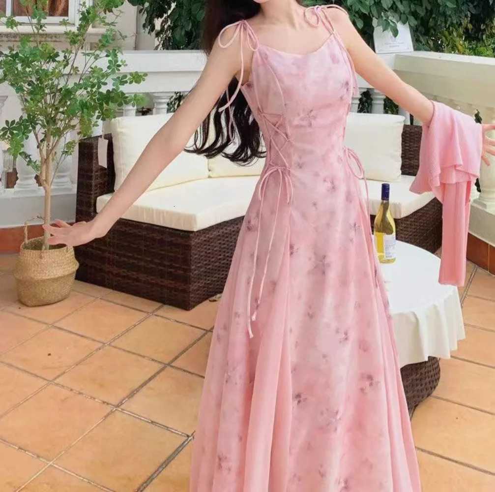 Chinese Modern Style Spaghetti Strap Lace Up Young Girls Green Pink Fashion Summer Midi Dresses 2024 X260306