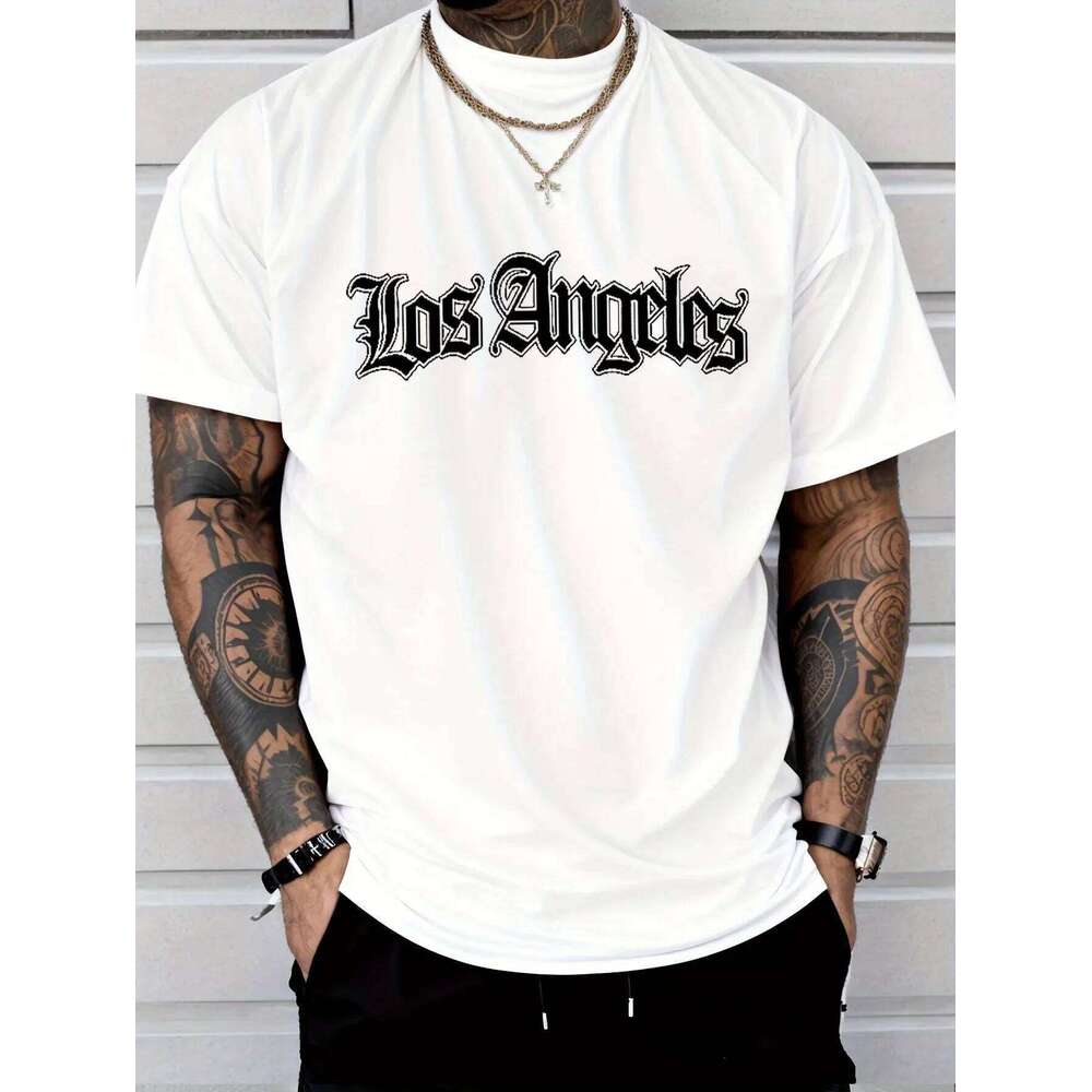 New men's casual polyester fabric breathable round neck T-shirt with letter print pattern suitable for outdoor shopping wear 26H0306