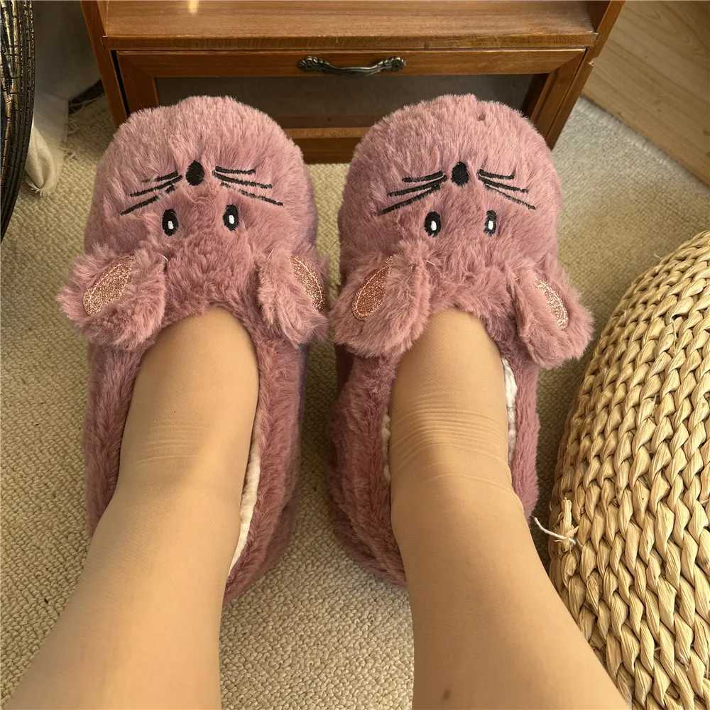 House Slipper Women Winter Non Slip Grip Indoor Fur Contton Warm Plush Home Fluffy Lazy Female Mouse Ears Embroidery Fuzzy Shoe S260305