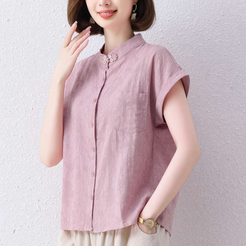 Stand-up Collar Button Cotton Linen Shirt for Women in Summer New Fashionable Age-reducing Top Slim and Short-sleeved Shirt