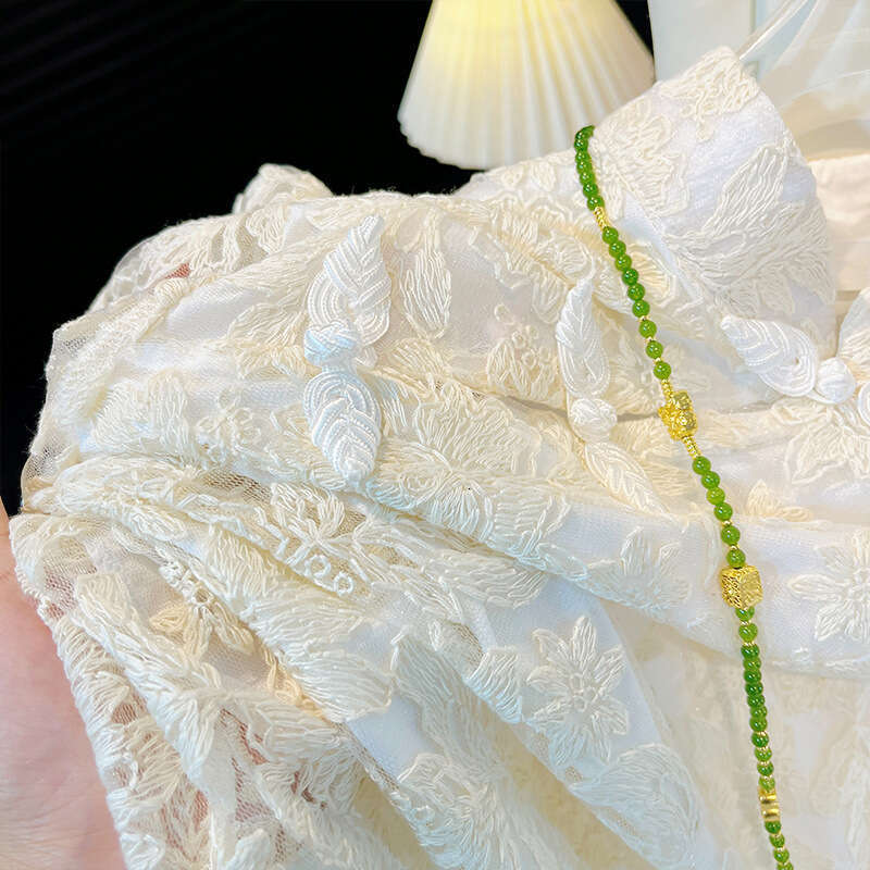 Short sleeve Blouse Women Lace Design Embroidery Elegant Female Fashion Tops Casual Stand-collar Chinese Style New Style Button Chinese National Style