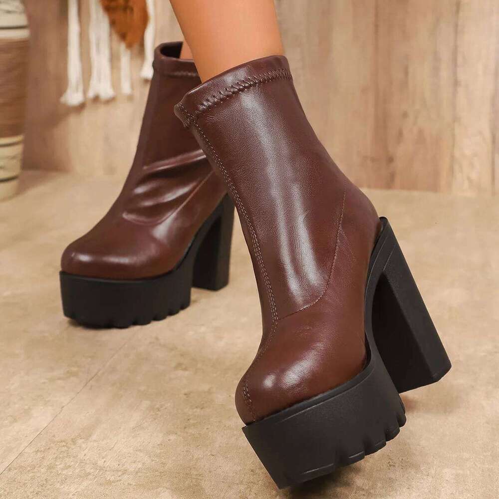 Womens Thick Sole Wide Heel Designer Fashion Platform Ladies High Quality Luxury Women Leather Boots Shoes