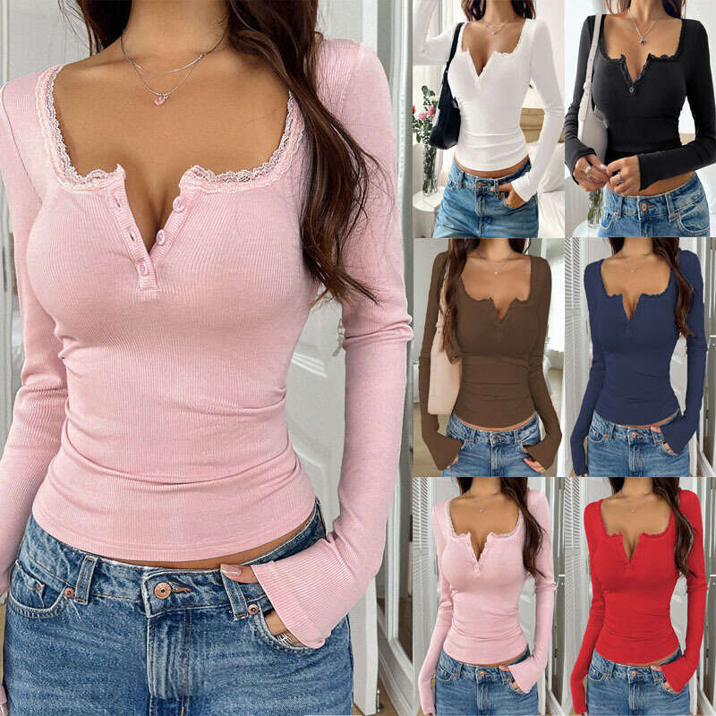 2025 European and American Cross-Border New Autumn Winter Lace Button V-Neck Fashion Slim Long Sleeve Designer Women's Top