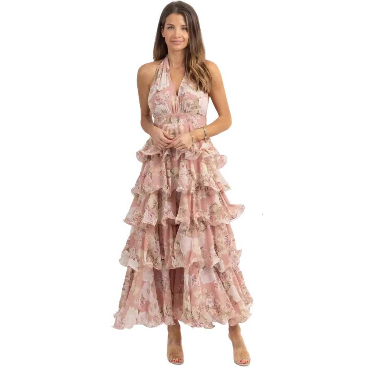 Flowers Print Halter Neck Leace-up Dresses Women Fashion Sexy V-neck Backless Multi-layer Party Dress Elegant Lady Vestidos New X260306