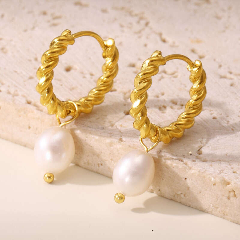 Women's Designer Earrings: Twist Clasp Natural Freshwater Cultured Pearl For Women, Stainless Steel PVD Vacuum Plated 18K Real Gold Earrings Mini