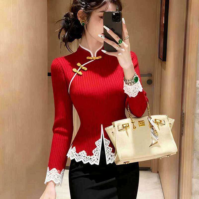 Chinese-Style Retro Sweater Autumn And Winter A Stand-Up Collar, Unique Button Design, Bell-Shaped Base, Knitted Top With Lace Inserts For Women Asia 