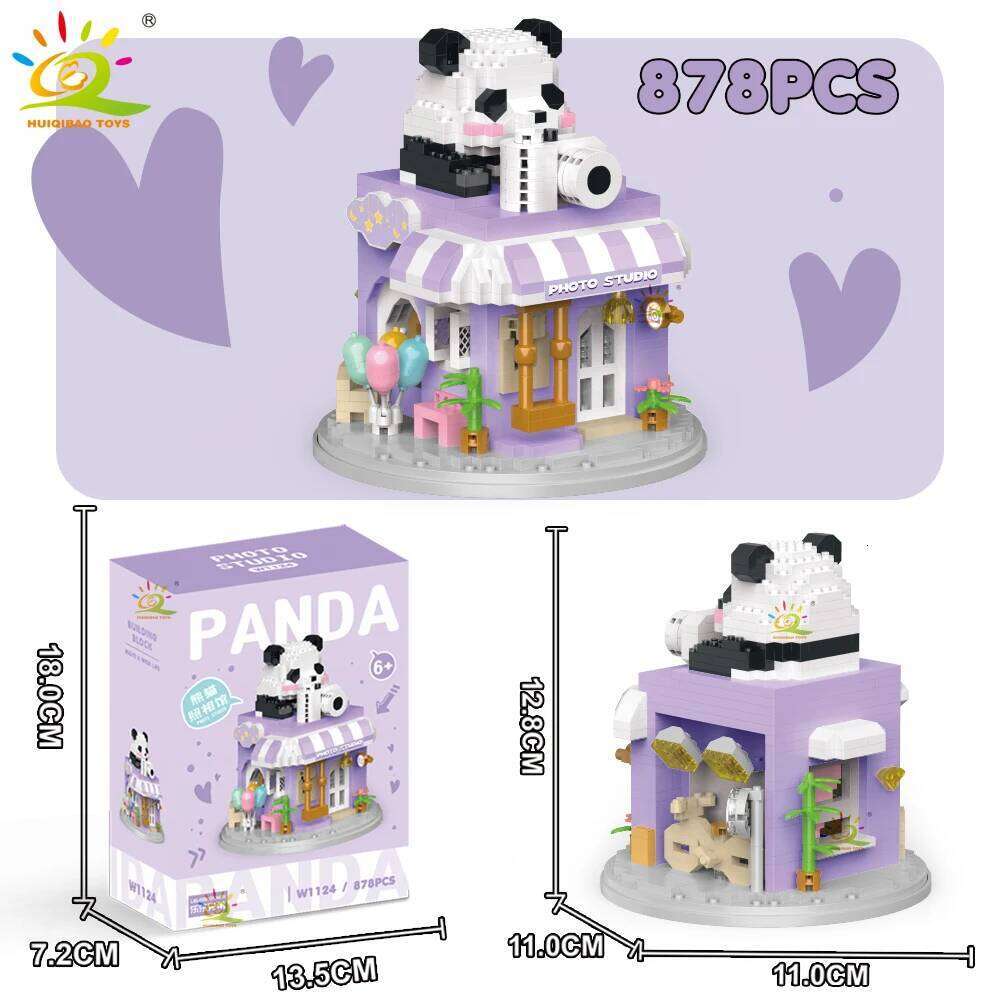 HUIQIBAO Moc Panda View Mini Building Blocks DIY City Street Coffee Shop Model Toys Home Ornaments Decoration Z260306