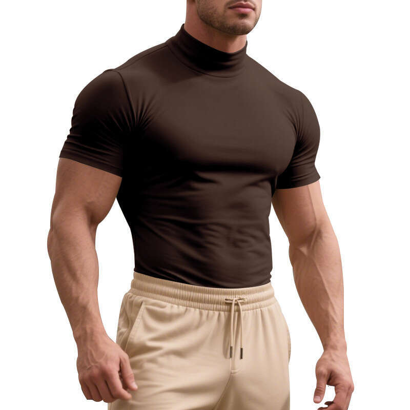 25 Cross-border European American men's summer stretch slim-fit British gentleman casual base shirt with a small high collar and short sleeves