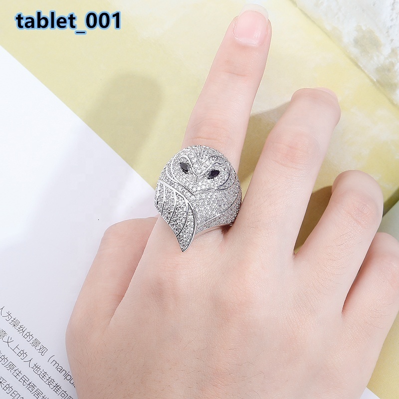 Fashion Cute CZ Animal Owl Design Ring Zircon Brass Gold Plated Hip Hop Iced Out Lab Diamond Finger Jewelry for Men Women Unisex