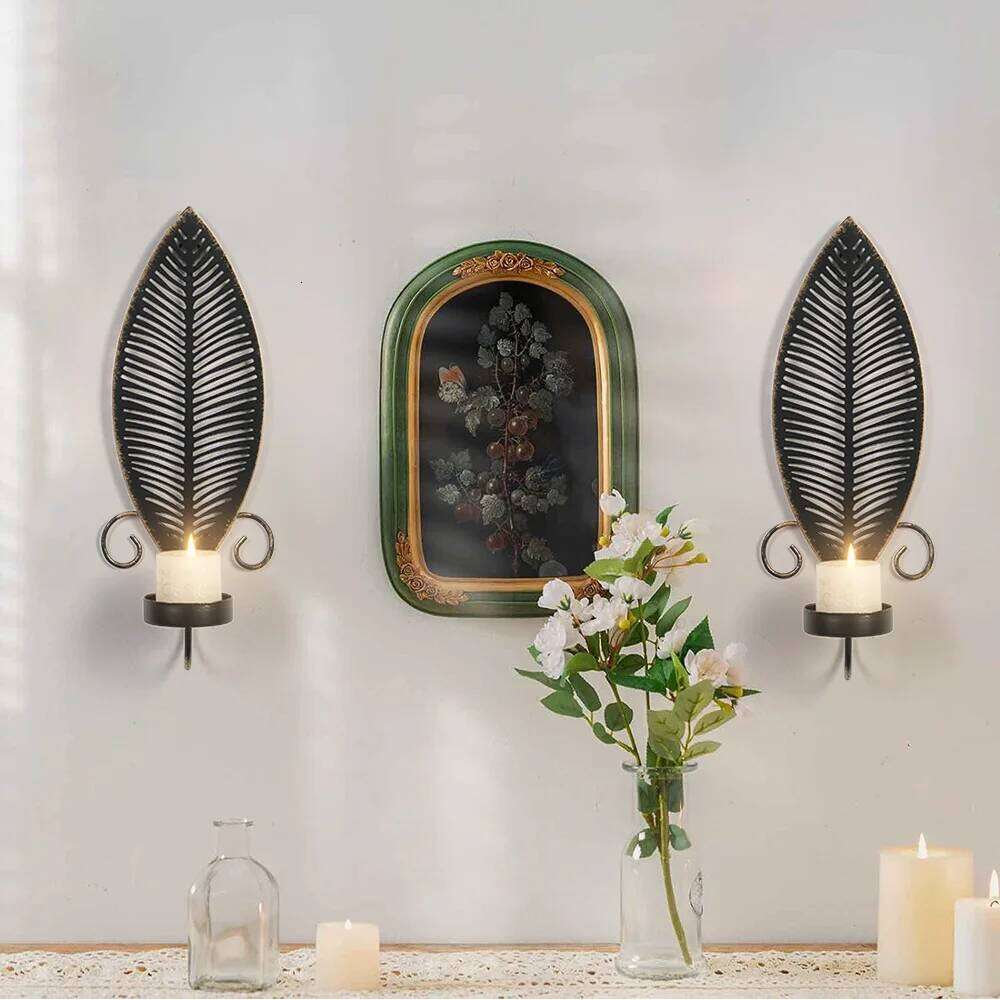 2pc Set Wrought Iron Leaves Wall Mounted Candle Holder European Retro Home Decoration Living Room Doorway Courtyard Ornaments XJ260305