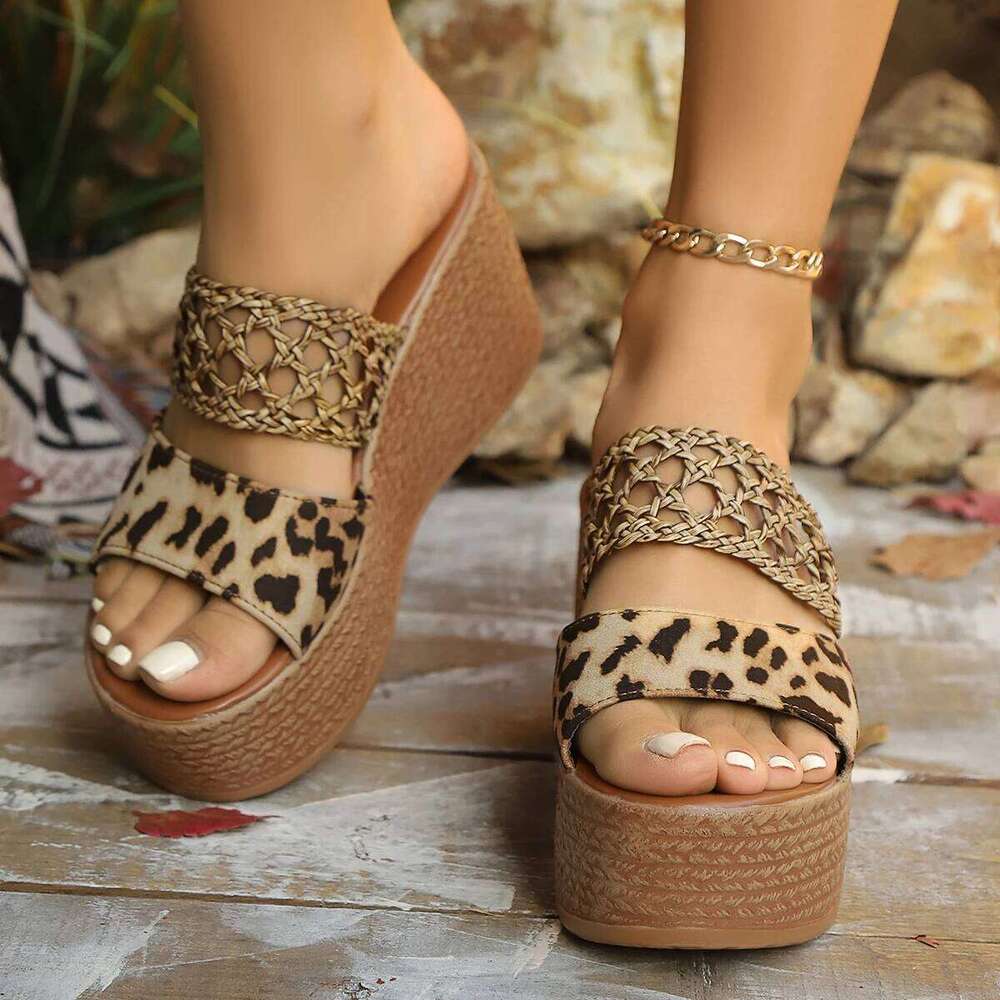 Wedges Women Platform Slippers Leopard High Heels Shoes Sandals Woman 2025 Trend Bohemian Flip Flops Fashion Slides Pumps