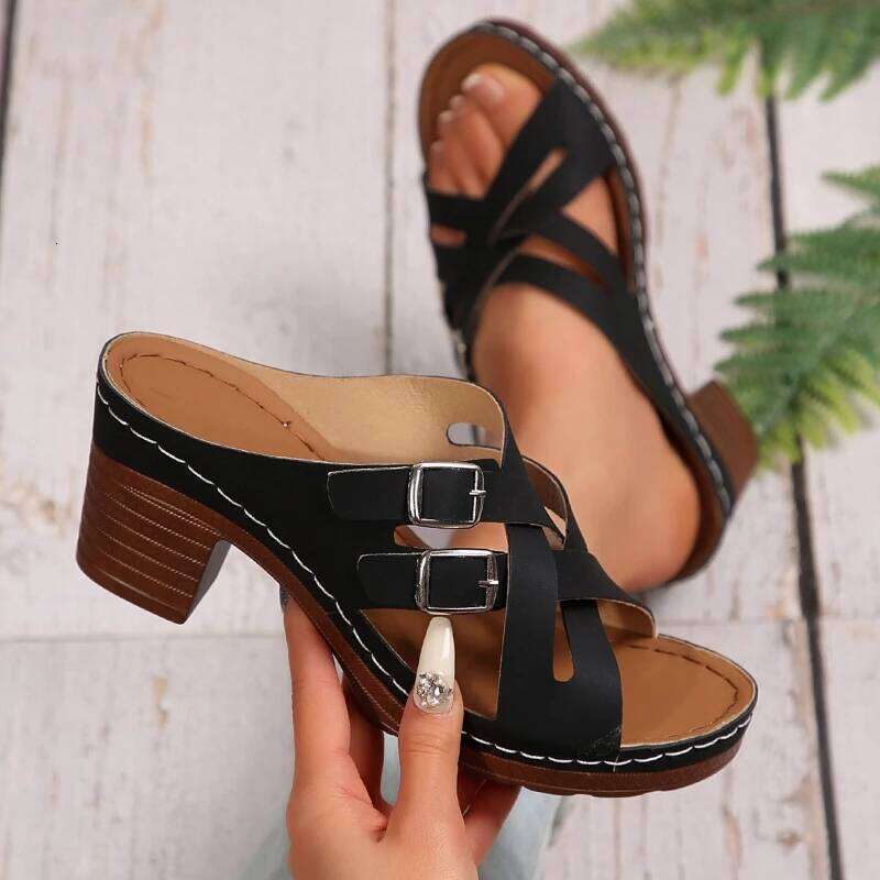 2026 New Women's Hot Selling Fashion Double Buckle Design High Heels Open toed Rubber Sole Non slip Sandals