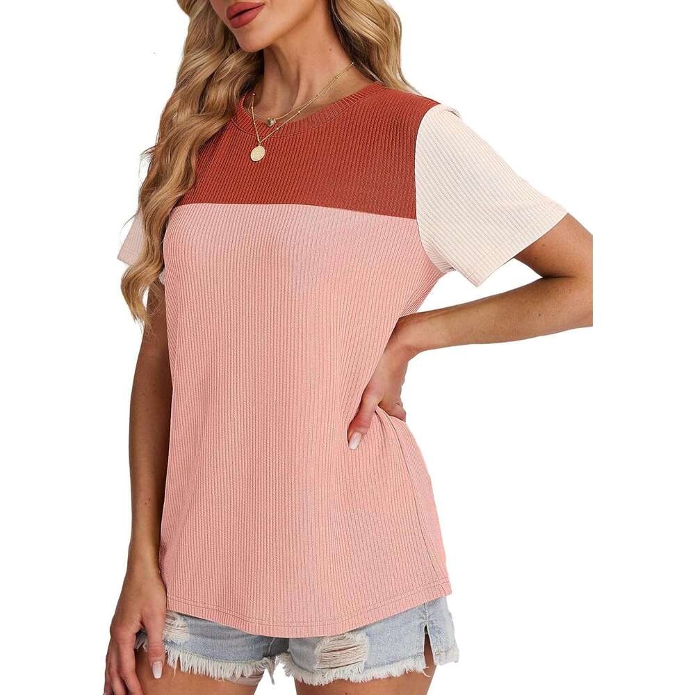 Womens Fashion 2026 Color Block Shirts Short Sleeve Crewneck Knitted Spring Designer Summer Tops Casual Trendy