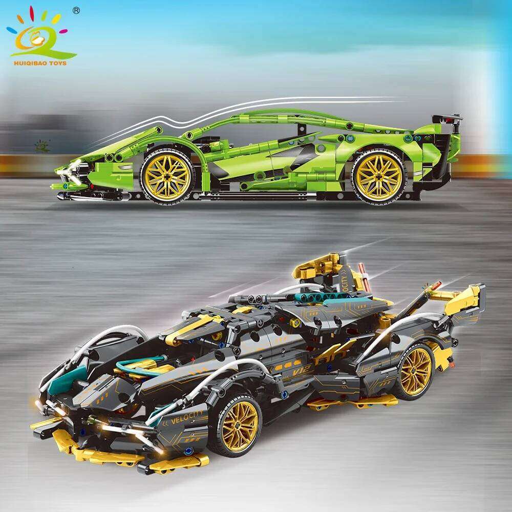 HUIQIBAO 1:14 Racing Car Technical Model Building Blocks MOC Led line Bricks Display box Children City Construction Toy Boy Game Z260306