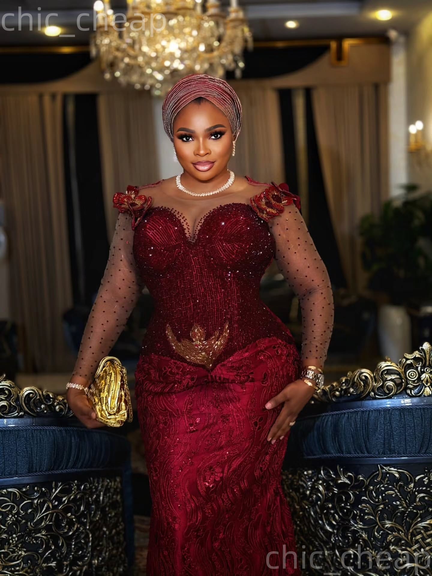 Aso Ebi Dark Red Prom Dress 2026 Mermaid Prom Dress Beaded Flowers Sheer Neck Evening Dresses For Black Women Birthday Party Formal Receiption Gowns D