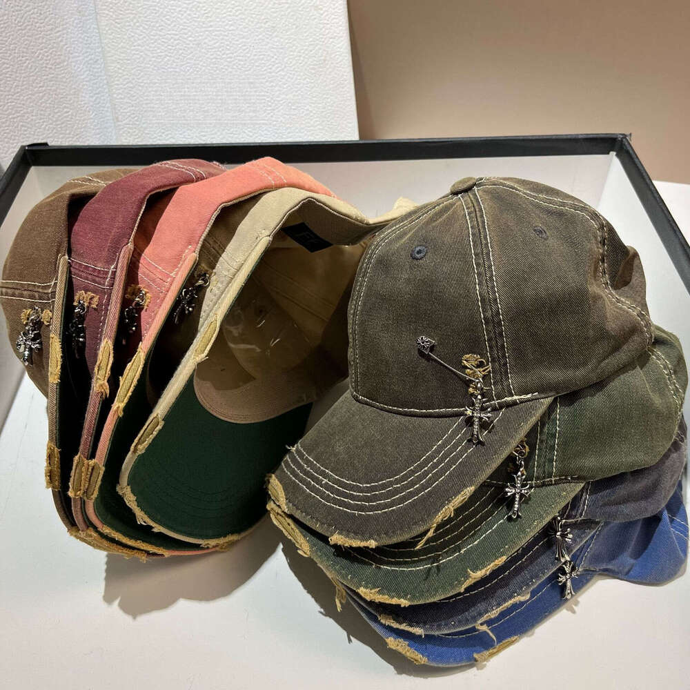 Trendy Cross pin washed denim baseball cap Casual sports hat youthful Unique Distressed Color-blocking American style