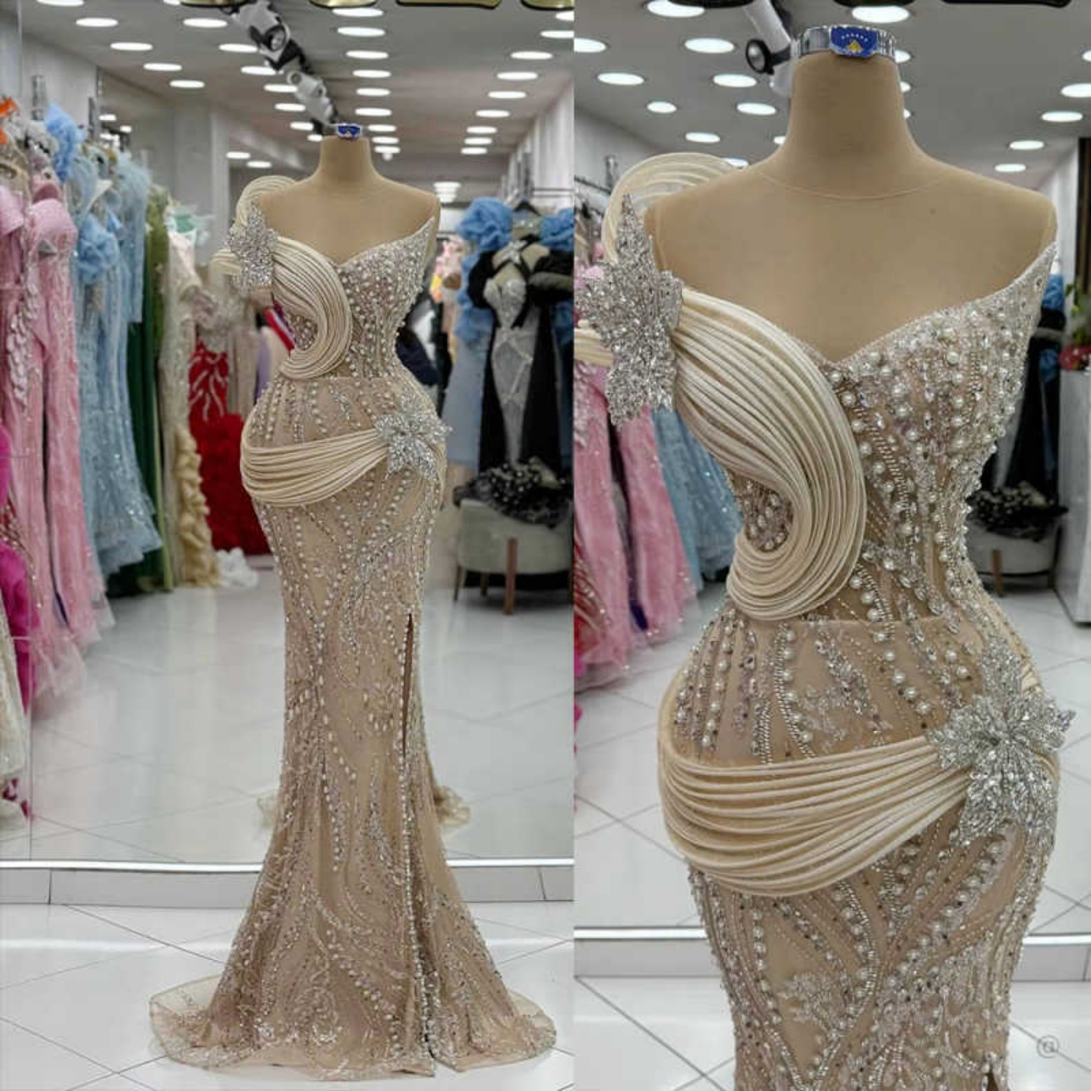 New Mermaid Evening Dresses One-Shoulder Sleeveless Crystals Pearls Prom Party Dresses With Side Slit Customized