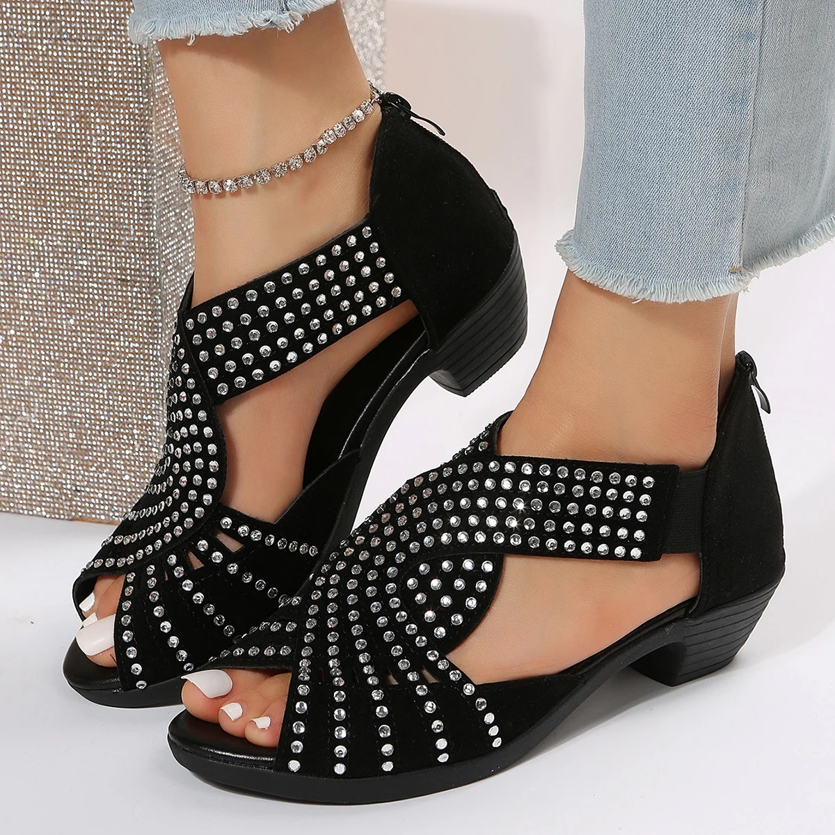 fashion comfortable dance sandals womens rhinestone zipper crystal indoor shoes womens open-toe shoes 260305