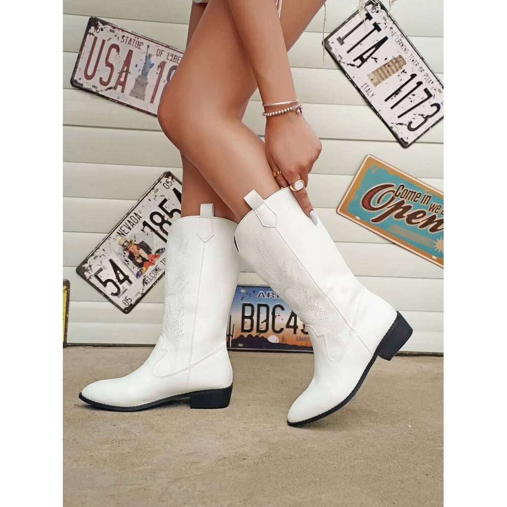 Gold Mid-calf Women 2025 Bohemia Silver Pointed Western Cowboy Boots Retro Fashion Black Boot Plus Size 36-43 WomenBoots
