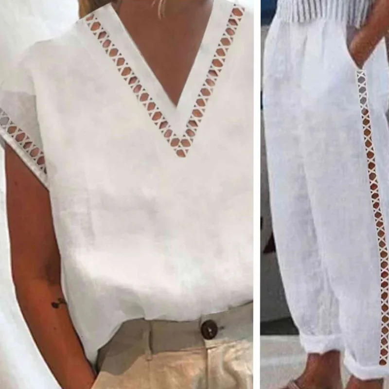 Lady Loose Two Pieces Suits Womens Hollowed Out Cotton Linen Lace Suit Spring Summer Casual Pockets Solid Color TopPants 260305