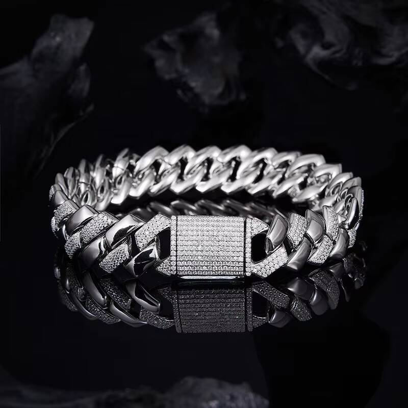 S925 Silver Gold/Silver Plated Inlaid Moissanite 14mm Wide Hip-Hop Cuban Bracelet for Men Third Party Bracelets Bangles