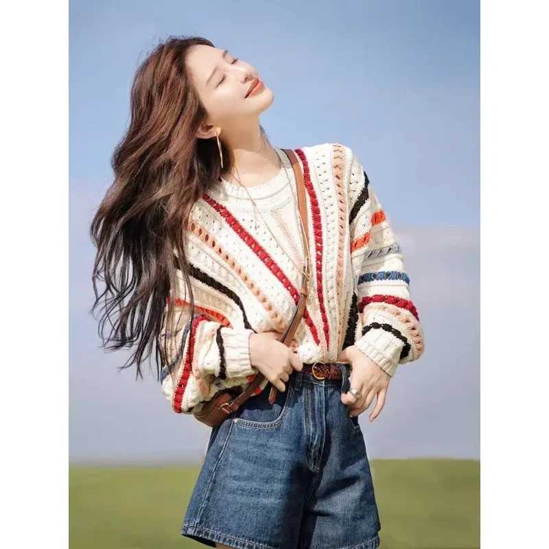 New Chic Rainbow Color Cardigan Women Sweater Autumn O Neck Knitted Coats Hollow Crochet Loose Long Sleeve Jacket Sweet Style M260306