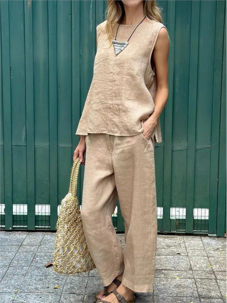 Summer Cotton And Linen Casual Outfits Female Fashion Solid Color Two-piece Set For Women Sleeveless Top Trousers Womens Suit 260305