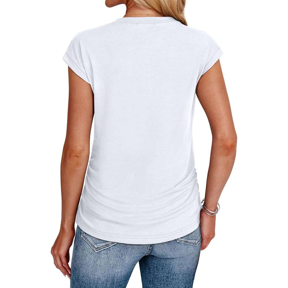 SAMPEEL Womens Summer Tops Trendy 2025 Ruched Cap Short Sleeve Tshirts Crew Neck T Designer Shirts Fashion