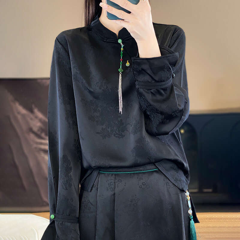 Mardi Hefxessdr New Chinese Silk irt Women's Embroidered Long Sve Lightweight Spring Summer Stand Collar Side Buttoned Chinese style shirt women&