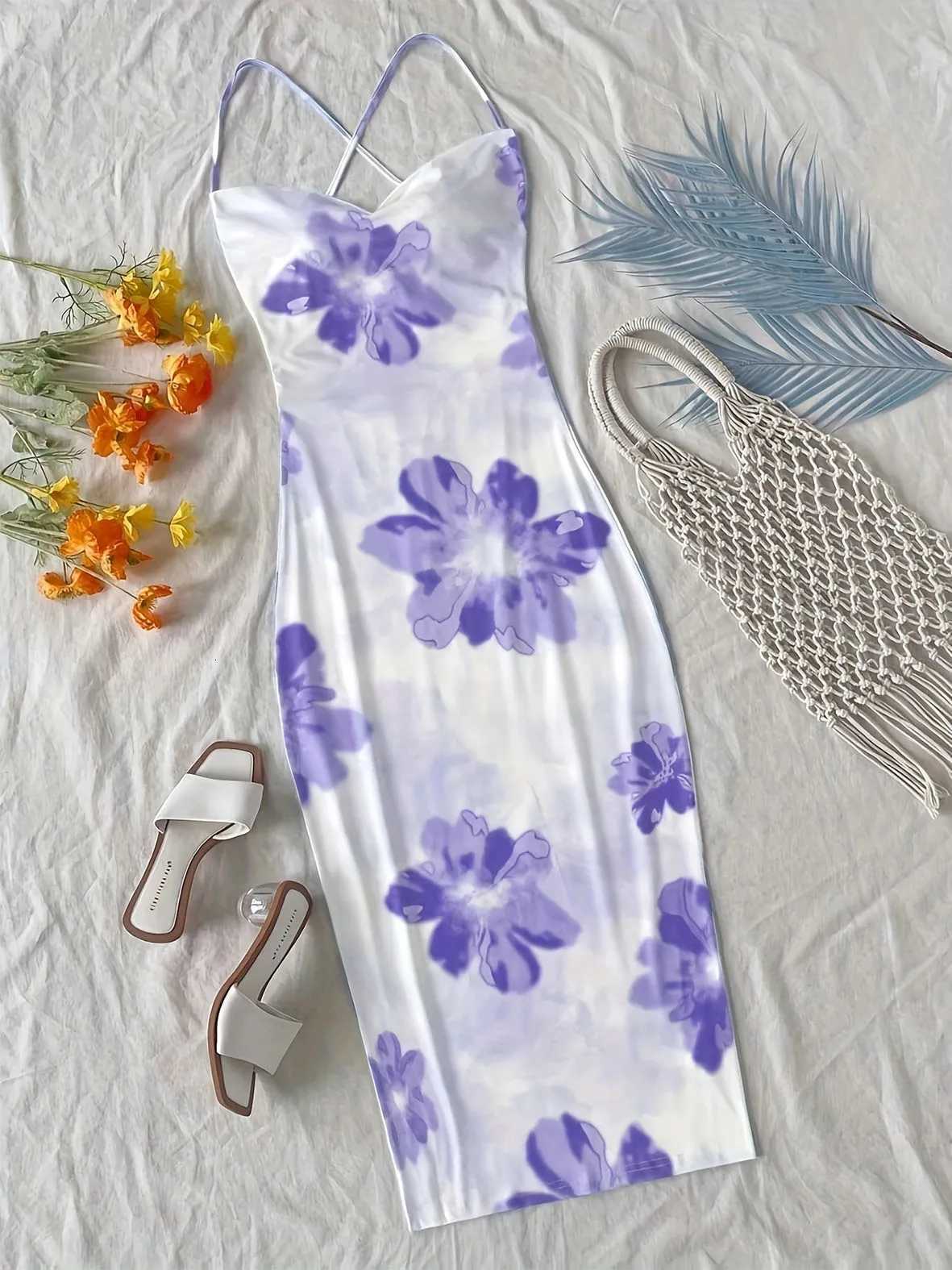 TikTok Viral 2024 Boho Dress Large Floral Maxi Surplice Neck Backless Thin Straps Beach Cover Up X260306
