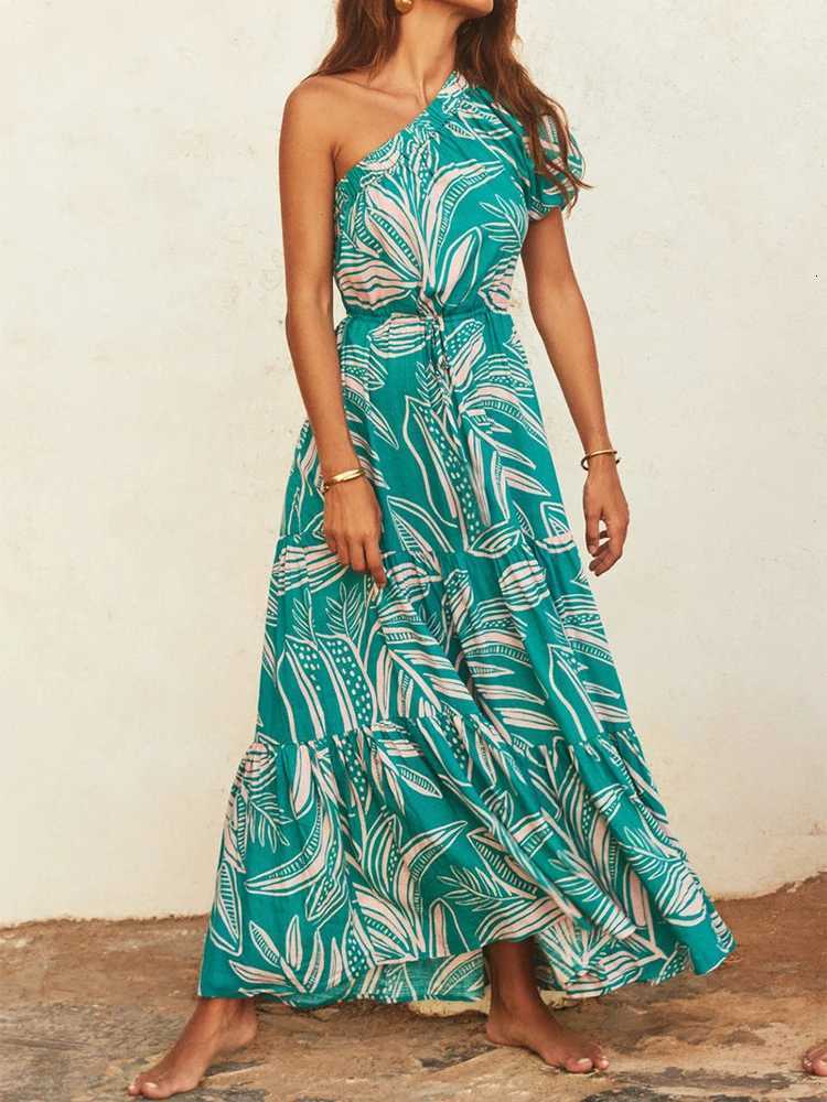 Women Sexy Backless Hight Waist Long Dress Fashion Floral Print Draped Party Dress Summer Elegant Slant Shoulder Bohemian Dress X260306