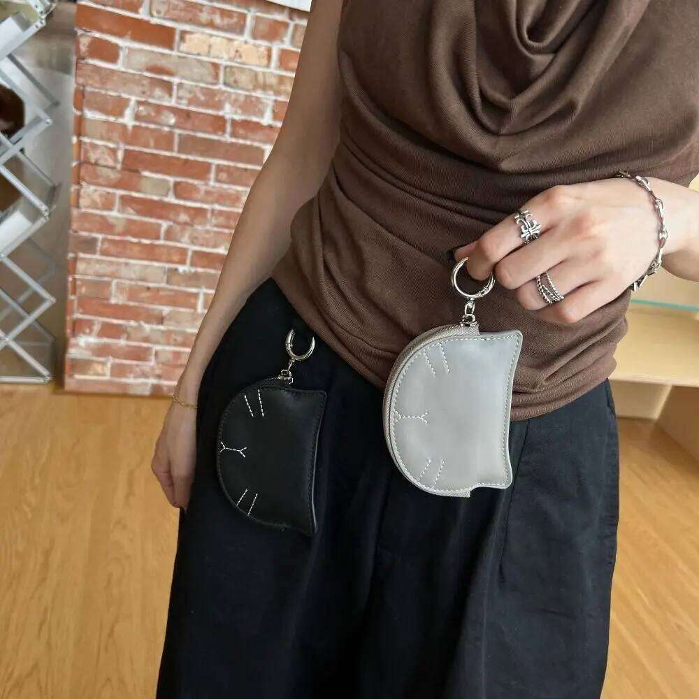 Fashion Cute Cat Small Change Portable Large Capacity Sheepskin Coin Purse Leather Compact Girls Short Wallet Gifts C260304