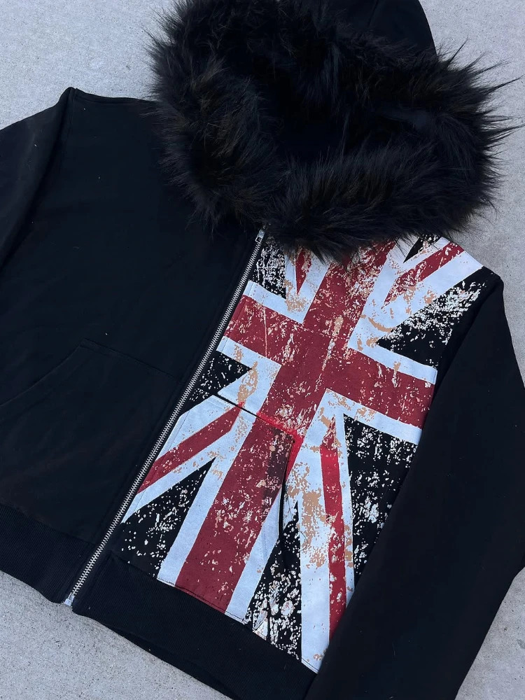 Leather Collar National Flag Printed Zipper Sweatshirt Long Sleeve Pullover Hoodie Retro Jacket Street Y2K Haircoat 260303