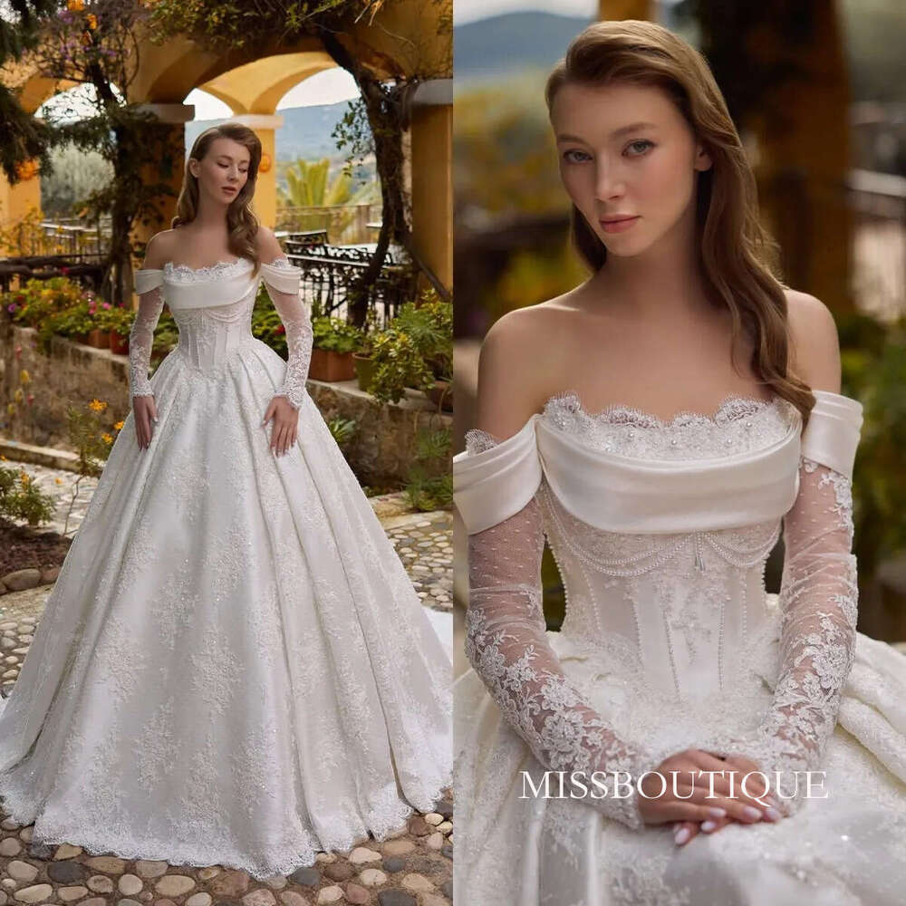 Graceful A Line Women Wedding Off Shoulder Long Sleeves Bridal Gowns Pearls Beaded Lace Sweep Train Dress Custom Made Vestidos De Novia D0306