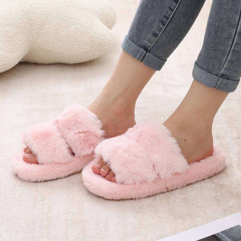 Litfun Winter Fluffy Women's Fur Slip On Indoor Fashion House Cotton Slides Furry Warm Comfy Slippers For Women
