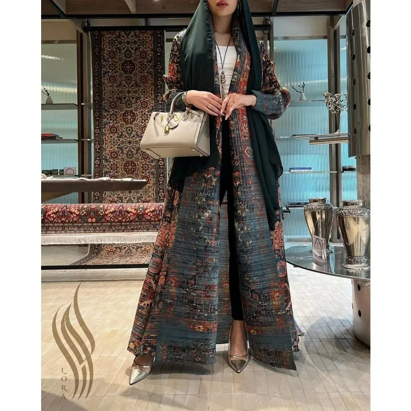 Miyake Pleated Foldable Collar Long Sleeved Retro Printed Dress Belt Womens 2024 Abaya Style Original Fashion Loose Jacket 260228