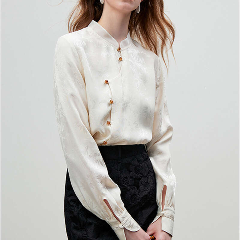 Mardi Hefxessdr Elegant Jacquard Stand Collar Long Sleeve Shirt Improved Button Design High-end Feel For Spring style shirt women's clothing